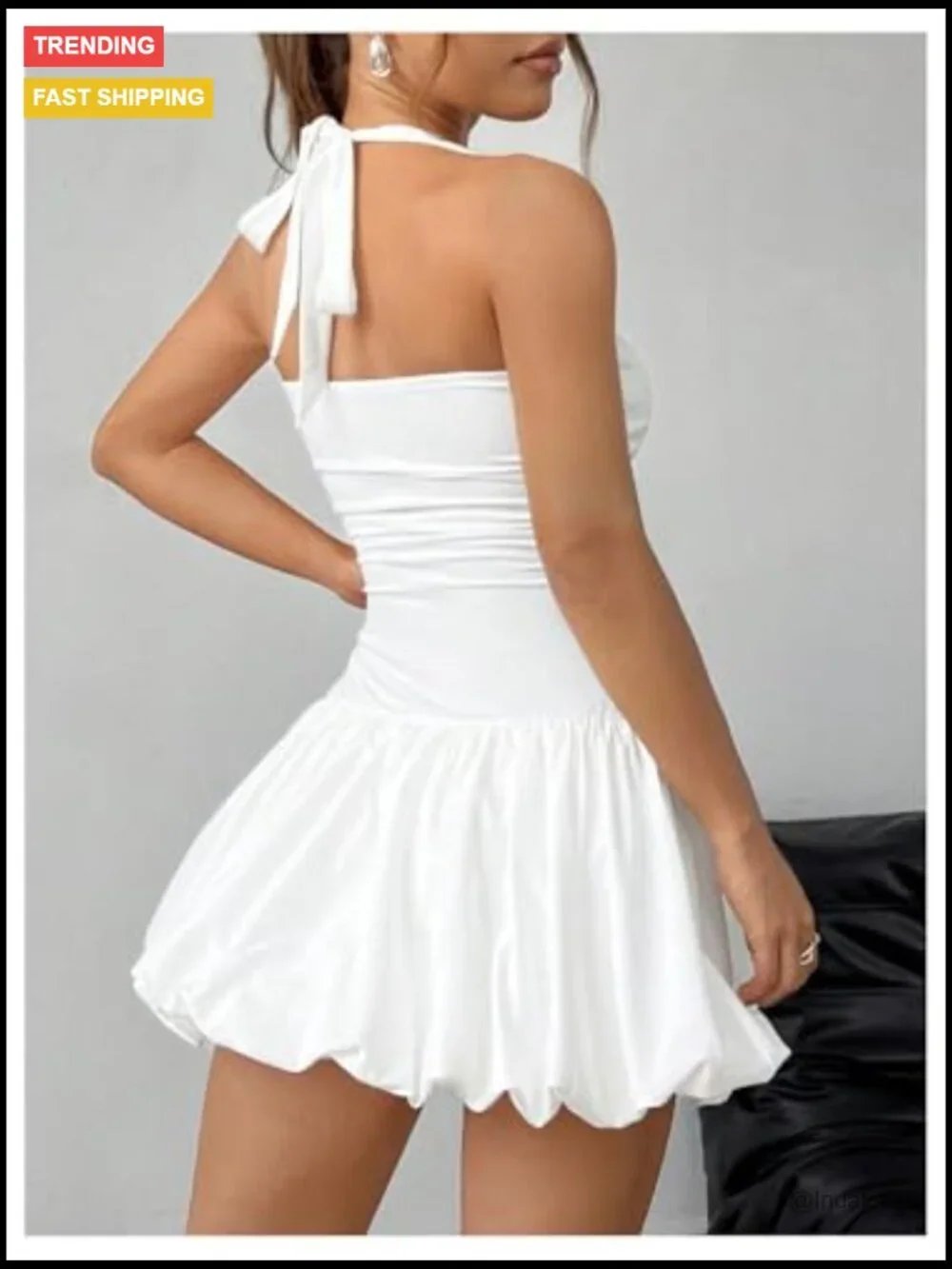 Polyester Halter Backless Bubble Mini Dress with Built-in Shorts - Picture 2 of 7
